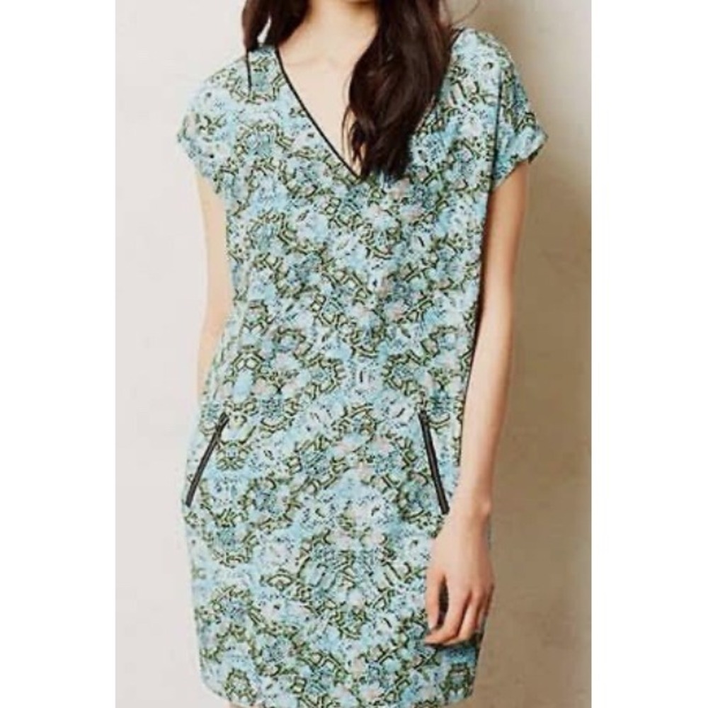 Maeve Anthropologie Silk Snakeskin Print V-Neck Shift Mini Dress Teal Sz 10 EUC